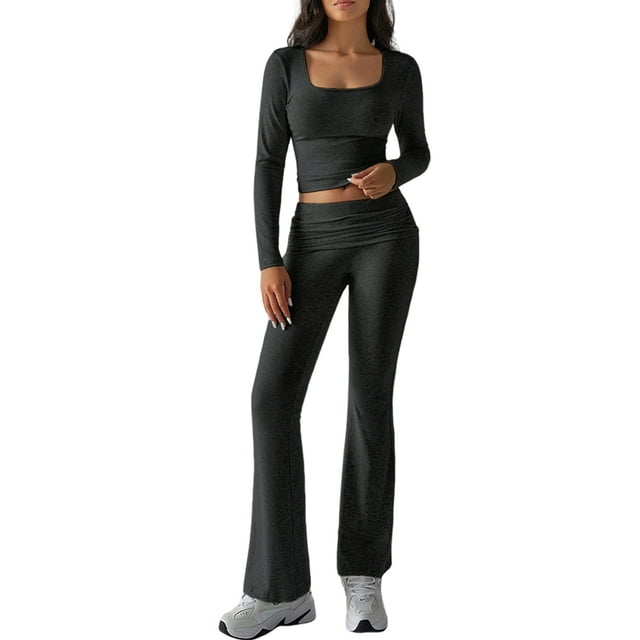 2 Piece Square Neck Lounge Set Womens Wide Leg Pants Slightly Crop Top Sweatsuit Sets Dark Gray L
