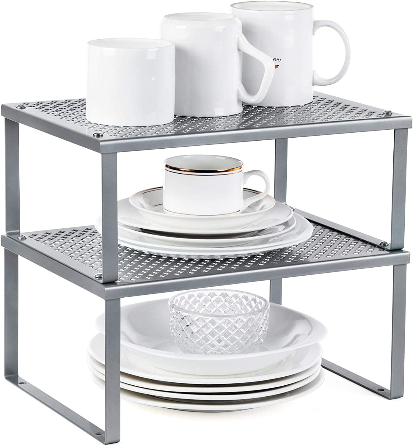 WOSOVO Set of 2 Kitchen Cabinet Organizer and Storage Shelves Stackable  Expandable Storage Racks with Anti-slip Liners for Cabinet Pantry, Silver