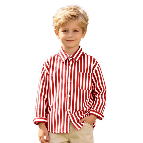 Kids Boys Long Sleeve Striped Button Down Shirt Lapel Collar Gentleman Top 4-13Y Red 140