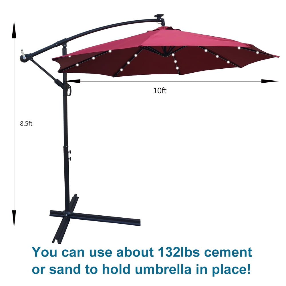 Aukfa 10ft Patio Solar LED Lighted Outdoor Umbrellas with Cross Base for Market Beach Pool - Wine
