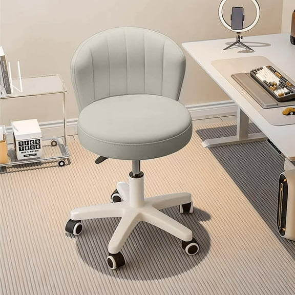 PRZL Small Desk Chair Round Rolling Chair with Back PU Leather Height Adjustable Swivel Vanity Work Computer Stool Chair for Home Office Bedroom(Grey)
