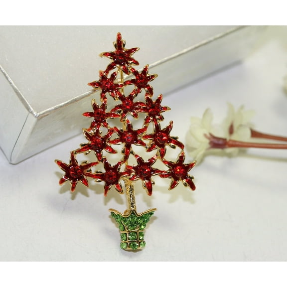 Rhinestone Red Poinsettia Christmas Tree Brooch, Poinsettia with Red Enamel Brooch-Christmas Pin-Costume Xmas Tree Jewelry