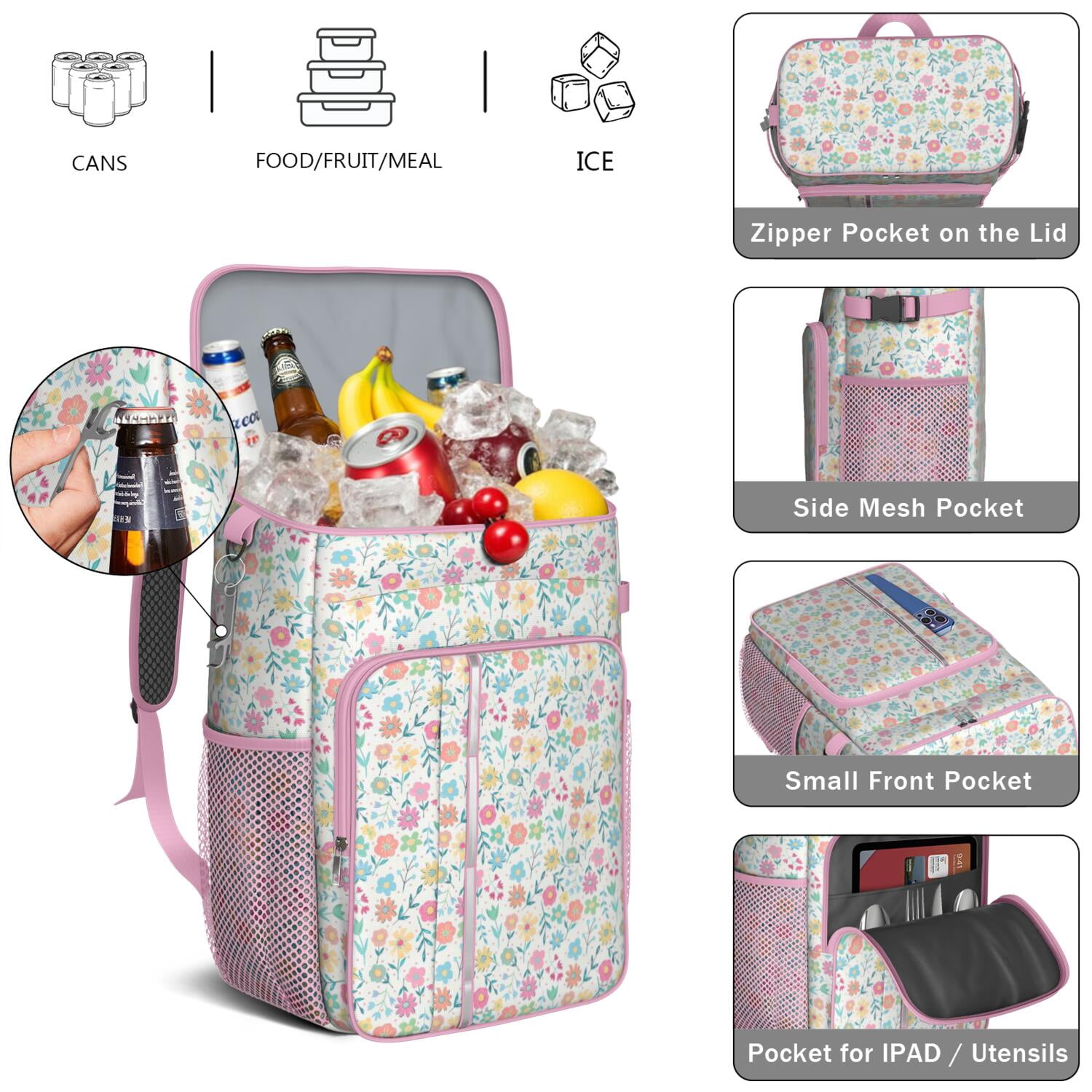 Travel Cooler Bag - Pioneer Flower Camping Beer Cooler Backpack with Bottle Opener- Waterproof Insulated Picnic Backpacks - Cooler Bag for Beach