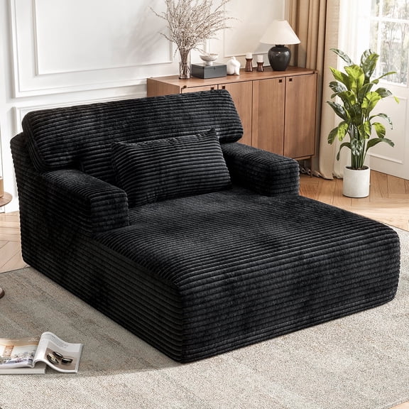 COPIAE Oversized Corduroy Chaise Lounge Chair, Plush Upholstered Sleeper Chair with Back & Throw Pillow for Living Room, No Assembly Required, Black