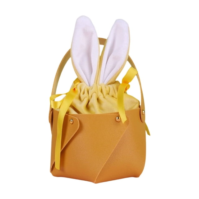 Easter Bunny Ear PU Leather Gift Bag, 3.94x3.15" Drawstring Bucket Bag for Easter Egg Hunts, Party Favors & Spring Decor