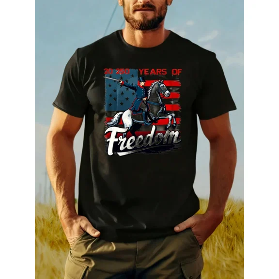 Men's Patriotic 250 Years of Freedom Graphic T-Shirt American Flag Horse Rider Short Sleeve Tee Black