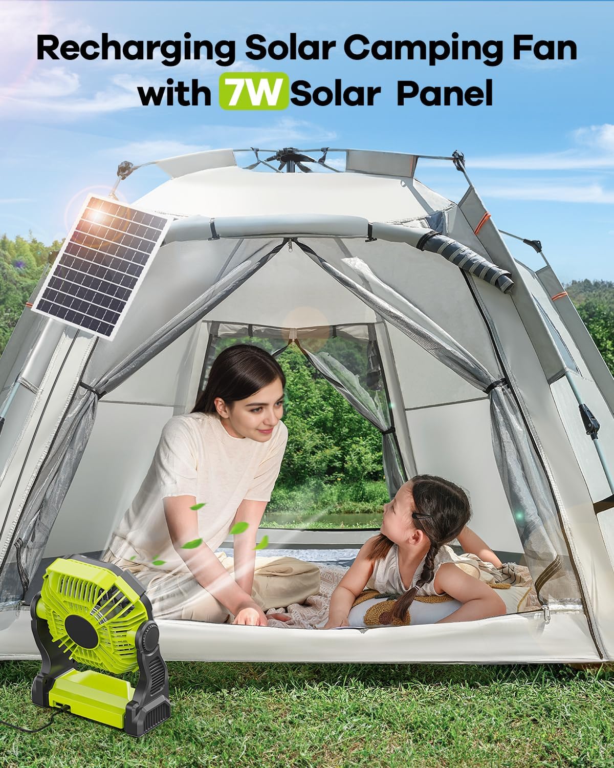 10400mAh Solar Fan, Camping Fan with 7W Solar Panel, Rechargeable Solar Powered Fan with LED Lantern,Portable Battery Operated Fan for Travel Picnic, Barbecue, Fishing,OutdoorIndoor