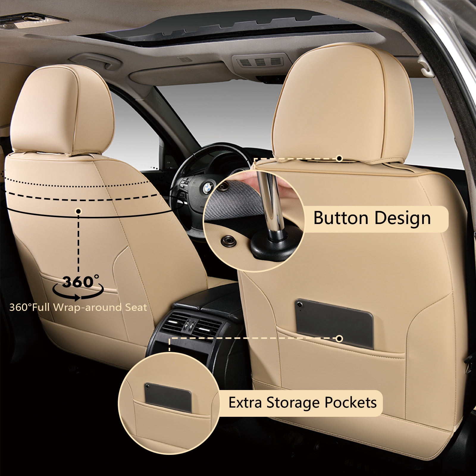 FLORICH Front Car Seat Covers, Luxury Faux Leather Seat Protectors, Automotive Seat Cushions Universal Fit for Most Cars Trucks SUV, Beige