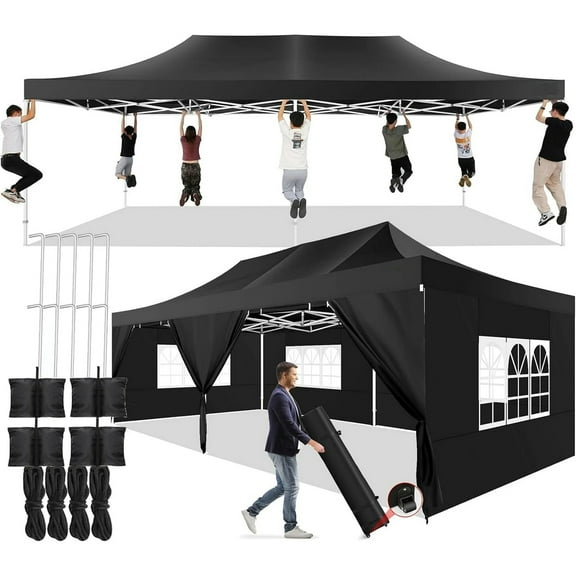COBIZI 13x26 Extra Large Heavy duty Canopy Party Tent,Pop up Canopy with Side Walls for Outdoor Events Wedding,Picnics,Lawn Ez Up Canopy Four Seasons Windproof Canopy,Black(Frame Thickened)