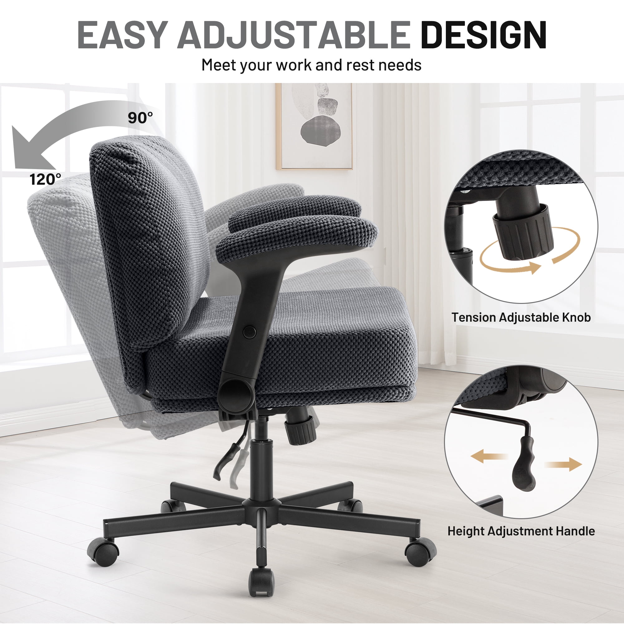 Criss Cross Chair with Flip-up Armrests, Wide Cross Legged Office Chair, Fabric Ergonomic Desk Chair with Wheels, Lumbar Support, Swivel Vanity Chair for Home Office, Bedroom, Study