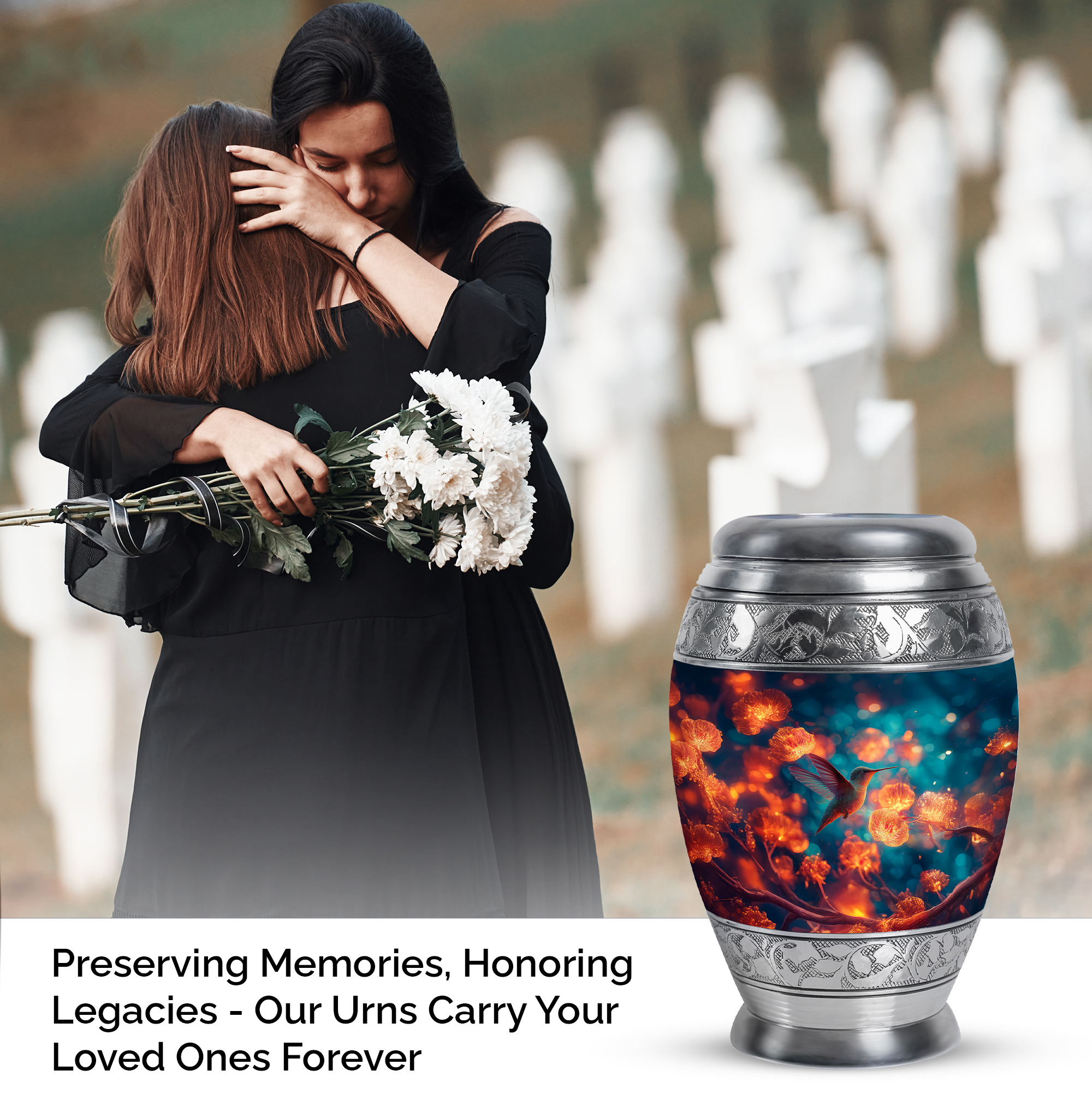 Humming Bird Keepsake Flowers Urn For Ashes Adult Female, 1 Large Cremation Urns For Male, Little Urns For Human Ashes Set Of 4, Blue Urn For Mother, 10&3 Inch