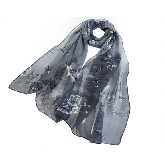 SC-Chiffon Bird Blossom Black  White | Chiffon Scarf