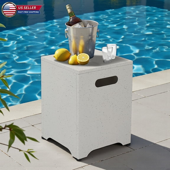 Hassch 16.1" Square Propane Tank Storage Side Table, Iron Gas Bottle Conceal Patio Table with Open Bottom and Adjustable Feet, Weather-Resistant Outdoor Accent Table, Imitation Marble Color