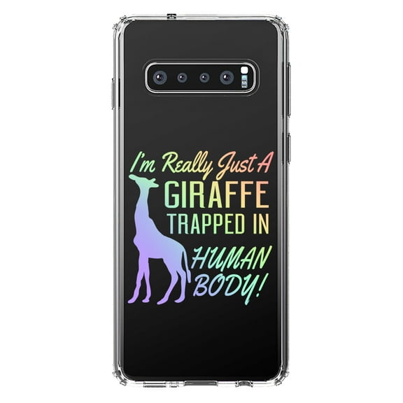 DistinctInk Clear Shockproof Hybrid Case for Samsung Galaxy S10  PLUS (6.4" Screen) - TPU Bumper Acrylic Back Tempered Glass Screen Protector - Just a Giraffe Trapped in a Human Body