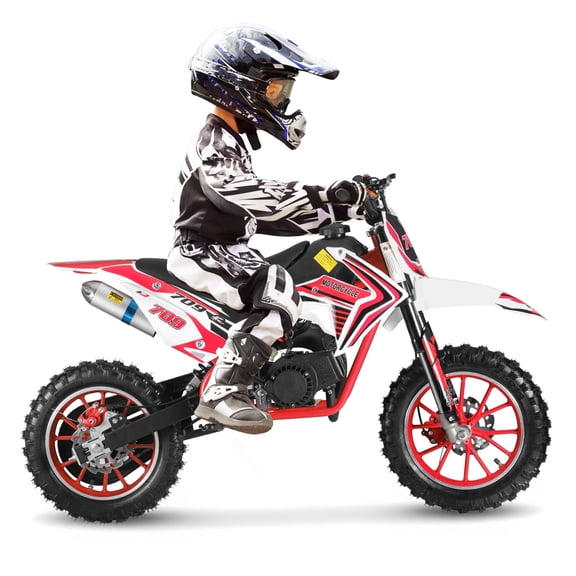 Xnigf 49cc 2-Stroke Gas Dirt Bike, 10-Inch Off-Road Tires & Disc Brakes, 18.6 MPH Mini Motocross Motorcycle for Beginners, Hand-Pull Start (Red)