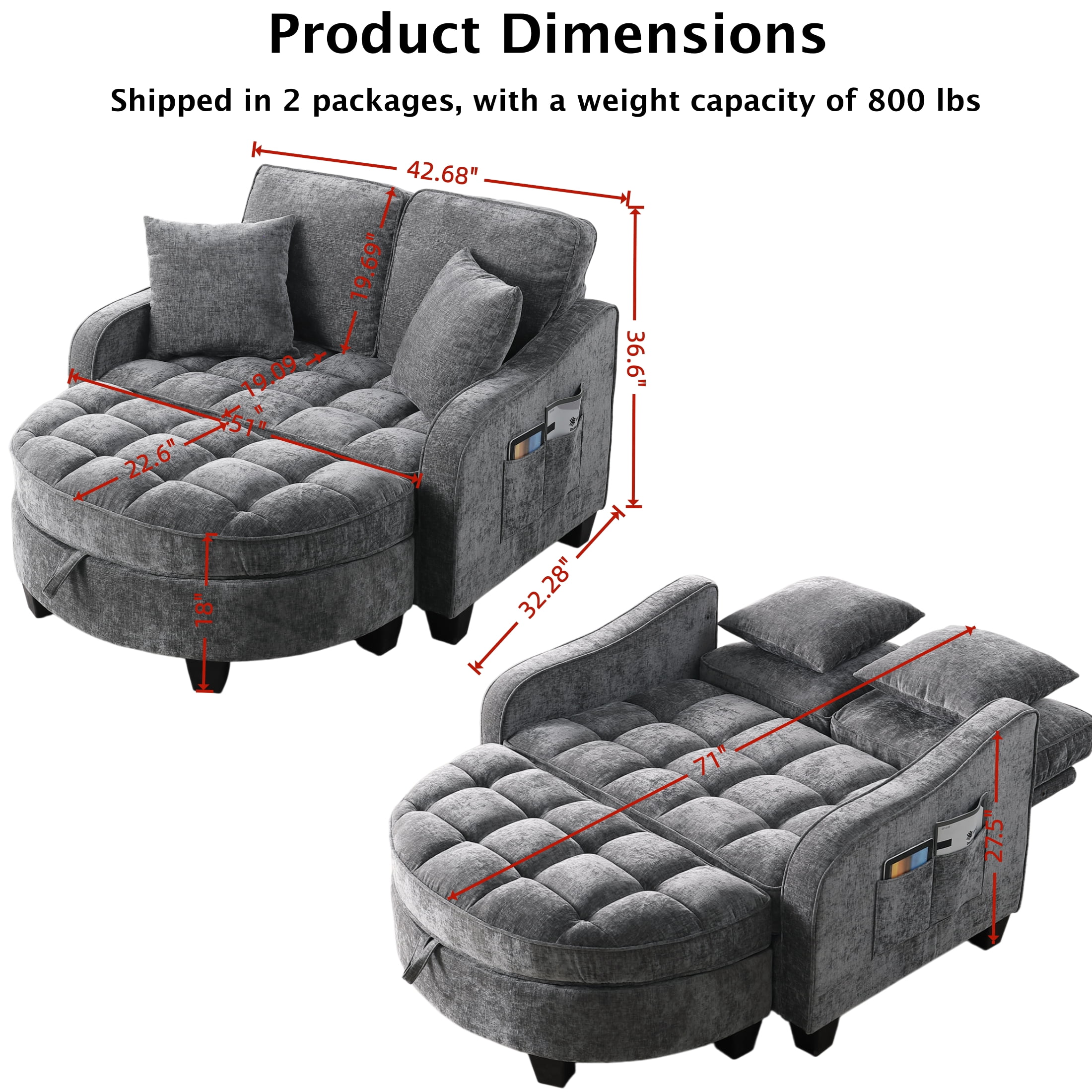 ShiKeyi 2 Seater Sofa with Double Chaise Lounge and Storage Ottoman, Adjustable Backrest Chenille Couch with Side Pockets and 2 Pillows, Gray