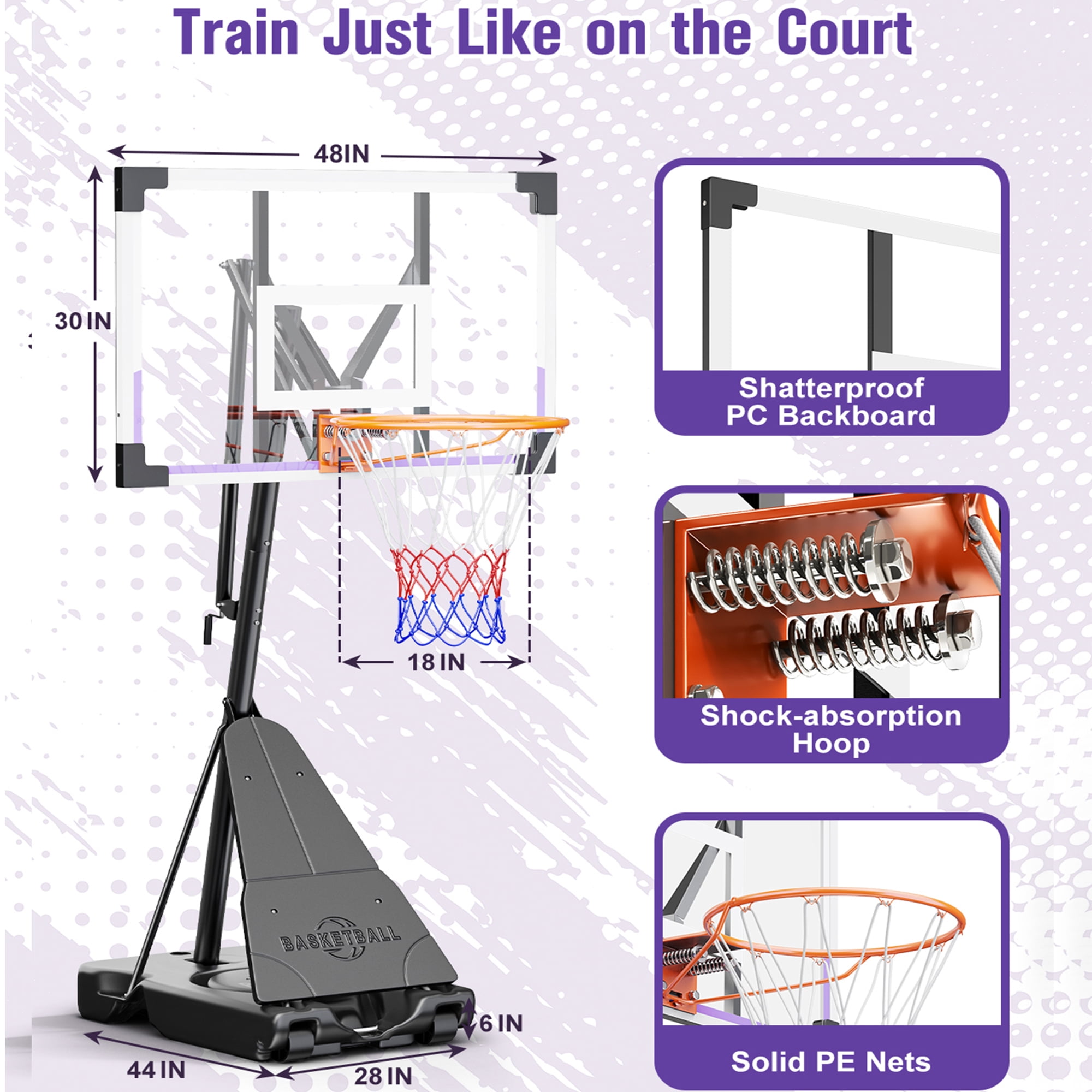 Toremore 48 Inch Portable Basketball Hoop, 5.25-10FT Adjustable Basketball Hoop with PC Backboard, Basketball Hoops & Goals for Kids/Teens/Adults in Backyard, Driveway & Indoor