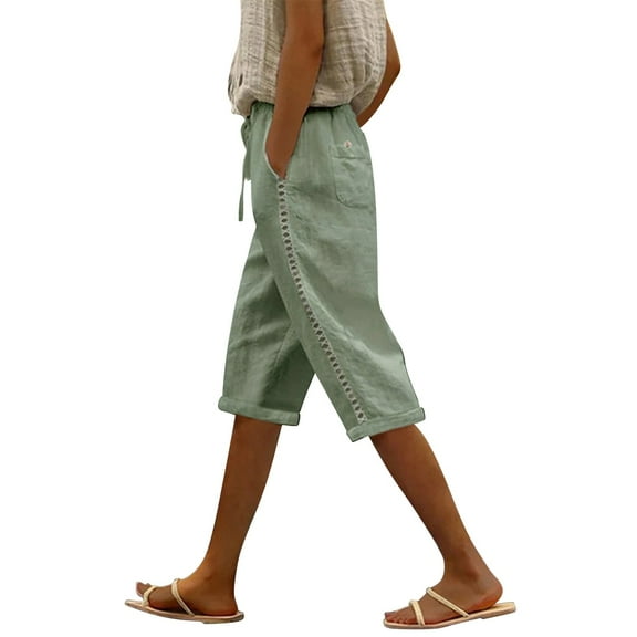 zicth Green Womens Sweatpants Capris Pants Women Fashion Solid Color Cotton Flax Elastic Long Pants Beach Leisure Trousers Shorts Streetwear Trousers Size S