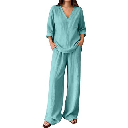 JFGHDG 2 Piece Pants Suits for Women Dressy Cotton Linen V Neck Long Sleeve Tops Solid Plus Size Wide Leg Slouchy Pantsuits X1 Mint Green 3XL JFGHDG 2 Piece Pants Suits for Women Dressy Cotton Linen V Neck Long Sleeve Tops Solid Plus Size Wide Leg Slouchy Pantsuits X1 Mint Green 3XL