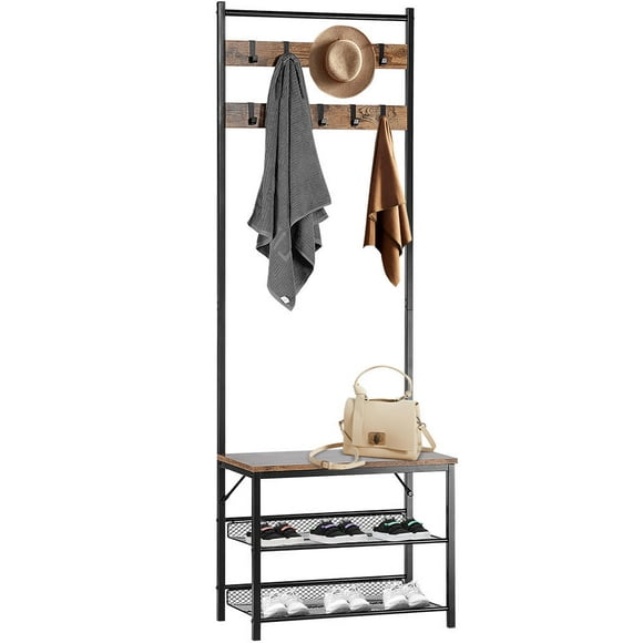 3-in-1 Metal Entryway Coat Rack with 2-Tier Shoe Bench and 10 Hooks, Industrial Standing Stand Hall Tree Closet Systems Storage Clothing Rack Shelf Organizer