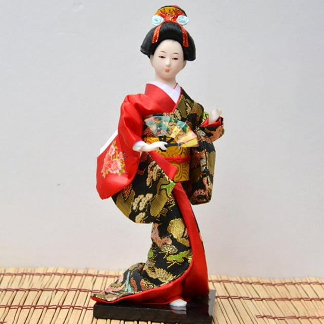 11" Japanese Kimono Geisha Doll Humanoid Girl Statue Handcrafted Resin Decor Red