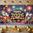 thumbnail image 6 of Gold Star Design Happy New Year Banner Firework Pattern 2026 New Year Display Colorful Balloons Gift Box Decor New Year Backdrop for New Year Party Holiday Celebration Indoor Decoration, 6 of 9