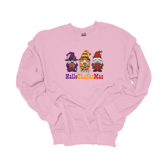 Trenz Shirt Company Holiday Gnomes Happy HalloThanksMas Crewneck Sweatshirt-Light Pink-xxl