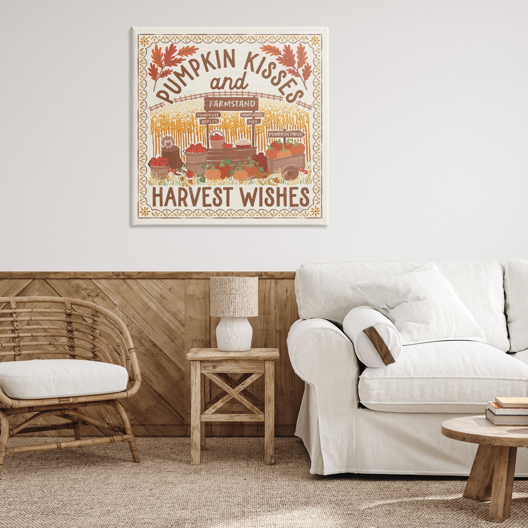 Stupell Industries Pumpkin Kisses Fall Scene Landscape Painting Gallery Wrapped Canvas Art Print Wall Art, 36 x 36