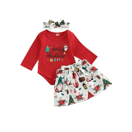 

3Pcs Newborn Baby Girls Skirt Set Letters Print Long Sleeve Romper Tops + Skirt with Belt + HeadbandInfant Christmas Outfits