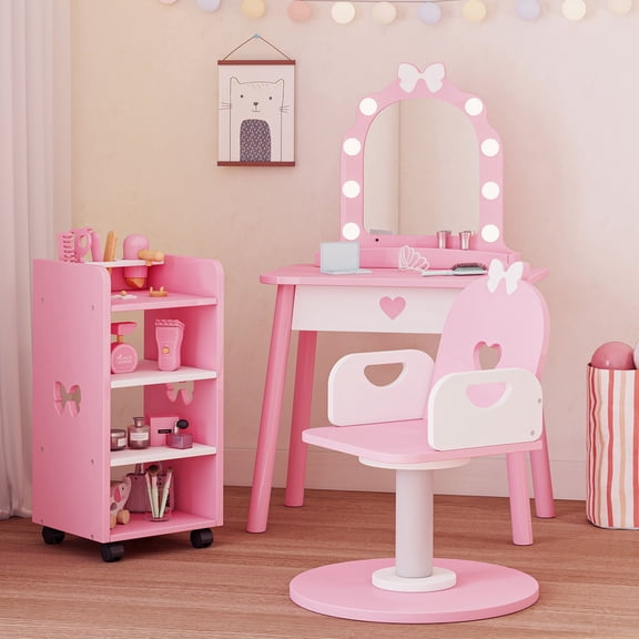 Reasea Kids Vanity Set with Light & Barber Chair, Pretend Play Makeup Dressing Table with Storage Shelf, 7 Pcs Hair Salon Accessories