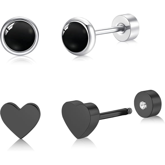 2 Pairs Titanium Black Onyx & Black Heart Earrings - Flat Back Earring Black Stud Earrings for Men & Women -Hypoallergenic, Trendy Earring Ideal for Daily Wear, Parties & Gifting