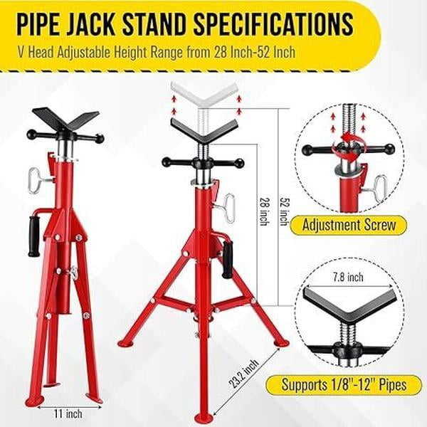 V-Head Pipe Jack Stand with 2500 Lbs Heavy-Duty Steel, Folding Legs, 28-52 Inch Adjustable Height, for Welding, Automotive and Construction Projects