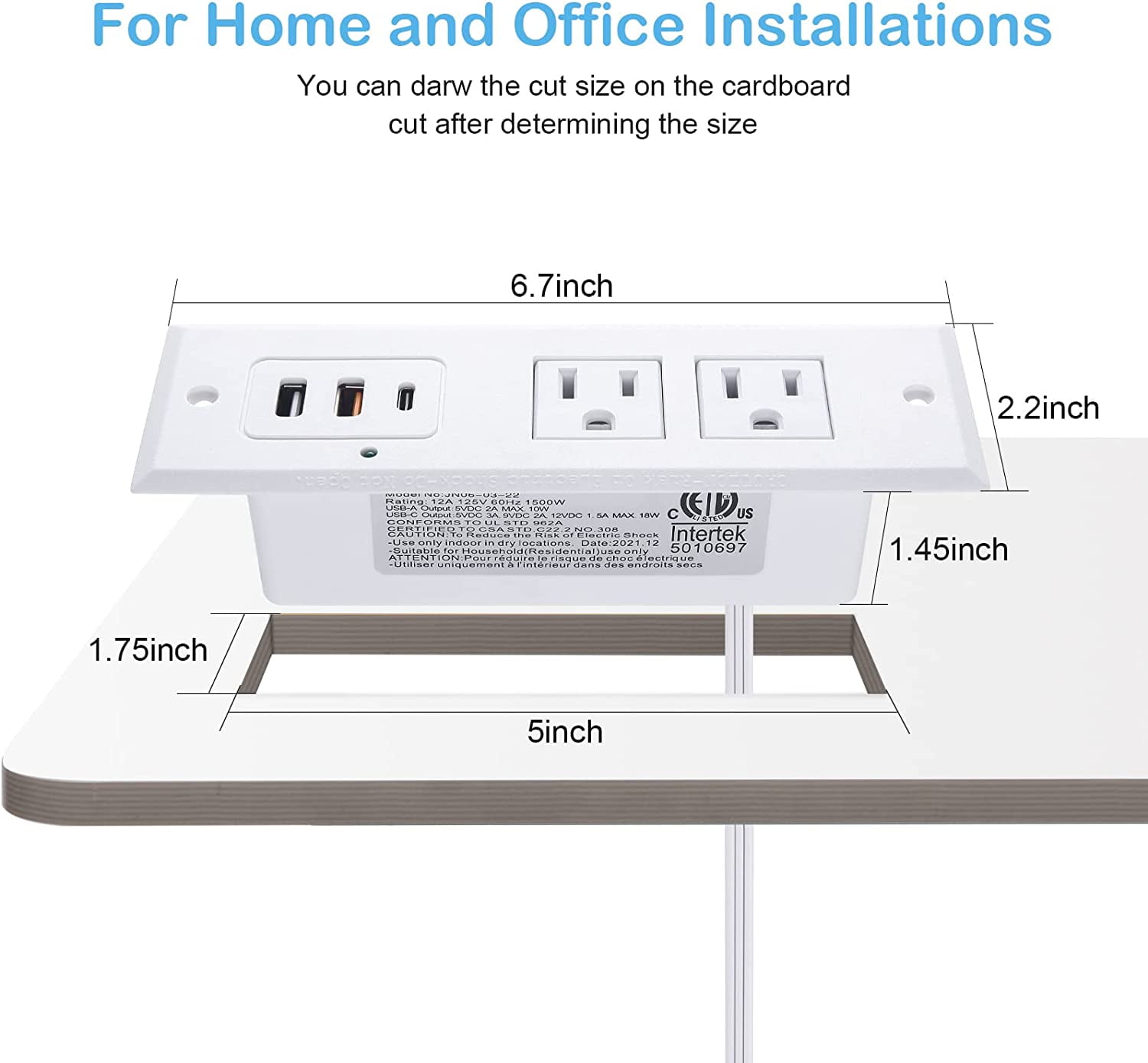 Recessed Power Strip with 20W USB C Port, Fast Charging USB A Port Desk Outlet, Furniture Hidden Charging Station for Side Table, End Table, with 6FT 45 Degree Flat Plug Extension Cord,White