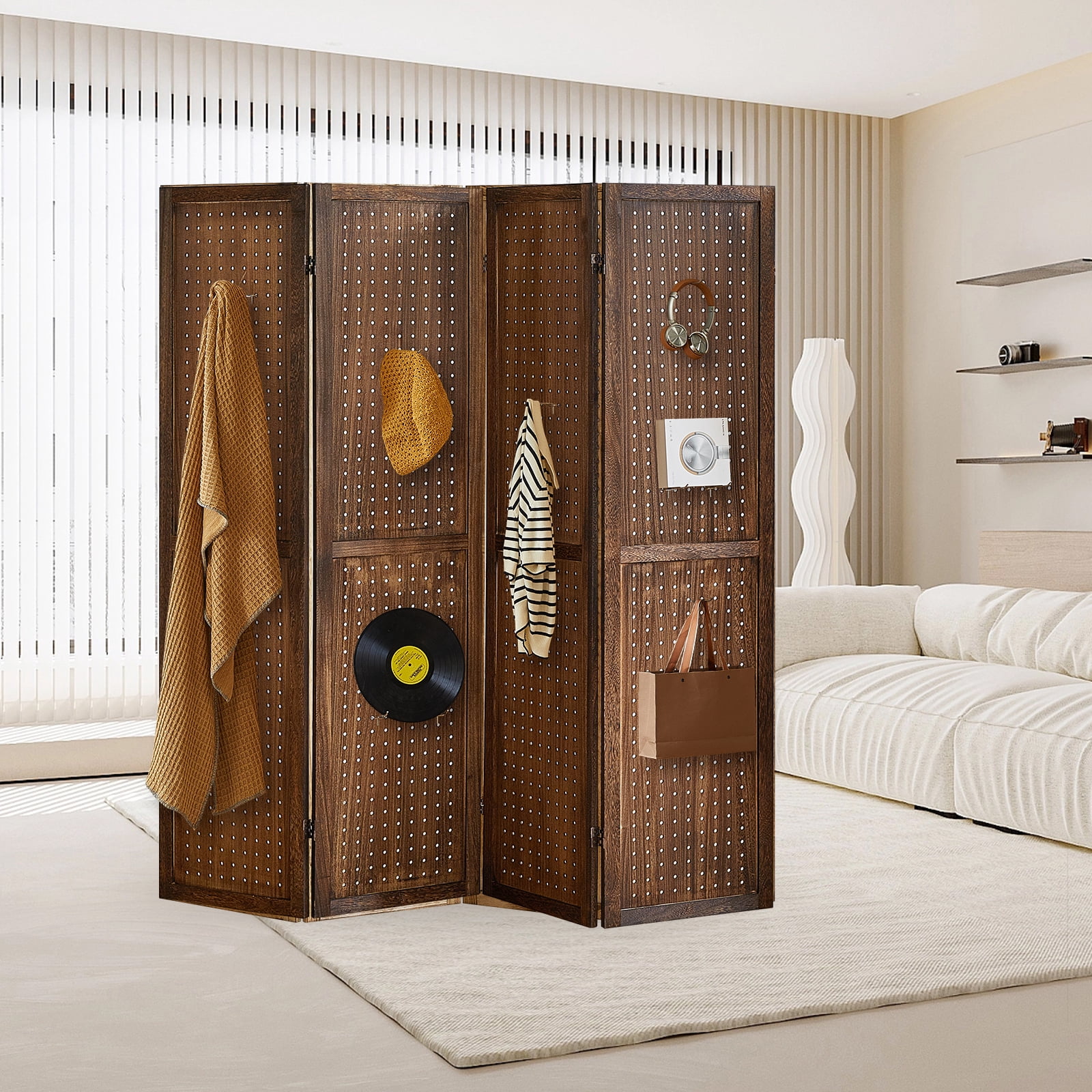 Aletheiawu 4 Panel Display with 16 Hooks, Wood Room Divider Wall, No Installation, Dark Brown