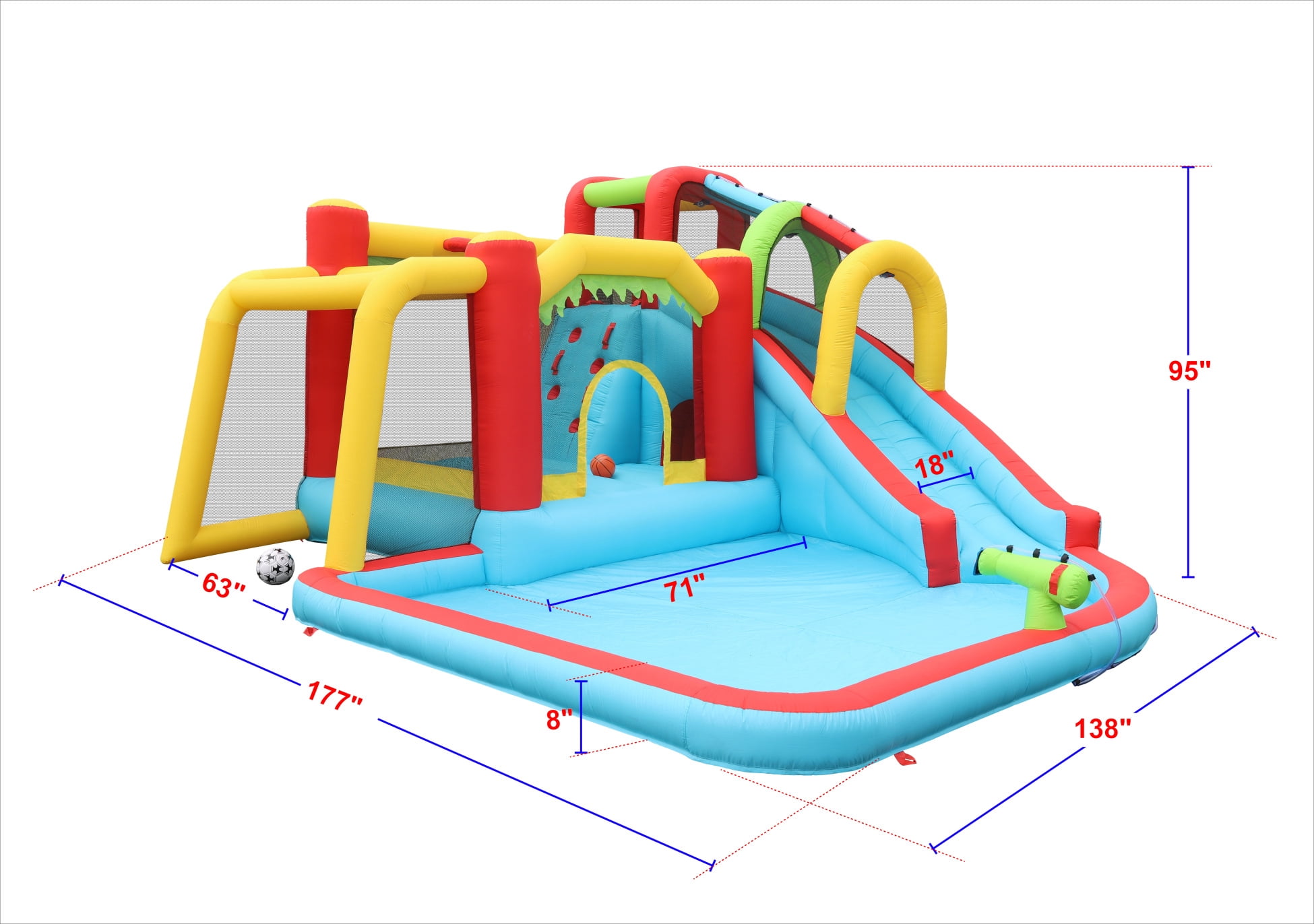 7 in 1 Inflatable Slide Water Park Bouncing House, Outdoor Soccer Garden Bouncer with Splash Pool & Climbing Wall & Basketball & Football, Maximum Weight Capacity is 400lbs