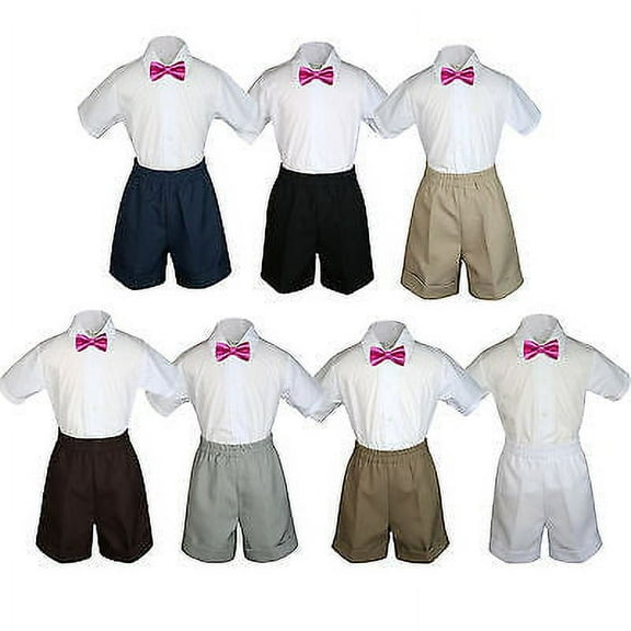 3pc Set Boy Toddler Formal Party Fuchsia Bow Tie White Navy Khaki Shorts S-4T