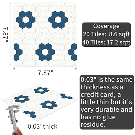 MORCART Peel and Stick Floor Tile, Vinyl Flooring Waterproof, DIY Flooring for Bathroom, Kitchen, Fireplace, Pet House, Stairs, Bedrooms, Wall(20PCS,7.87" x 7.87",dark blue+white)