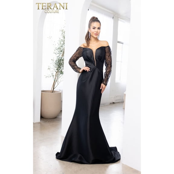 Women's Terani Couture 241m2734 Long Sleeves Trumpet Off Shoulder Column evening elegant Dress Black20 Black Nude