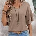 thumbnail image 4 of Tittly T Shirts for Women V Neck T Shirts for Women Womens Casual Blouses Summer Fashion Clothes Double Tiered Half Bell Sleeve Top Crewneck Loose Fit T Shirts Tshirts Shirts Womens Tops Khaki L, 4 of 6