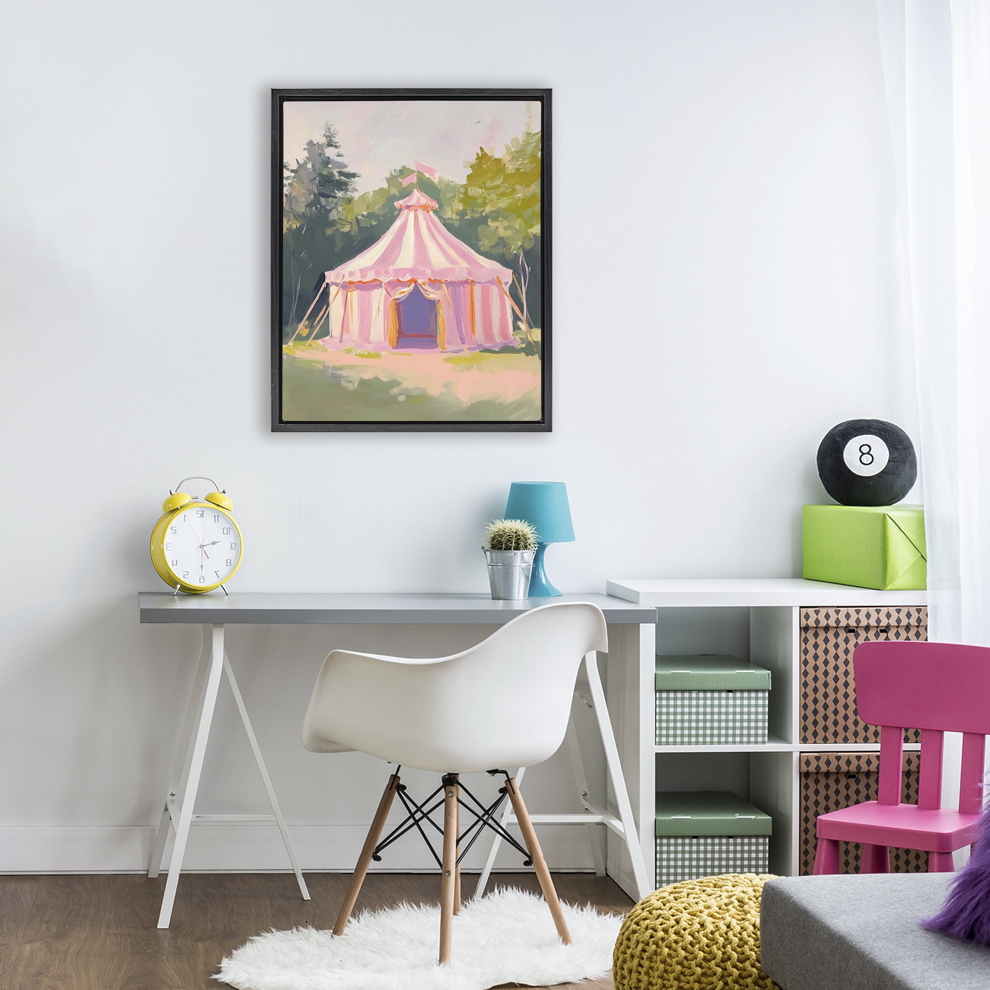 Stupell Industries Pink Circus Tent in Meadow Black Framed Floater Canvas Wall Art, design by The Prints Vibe