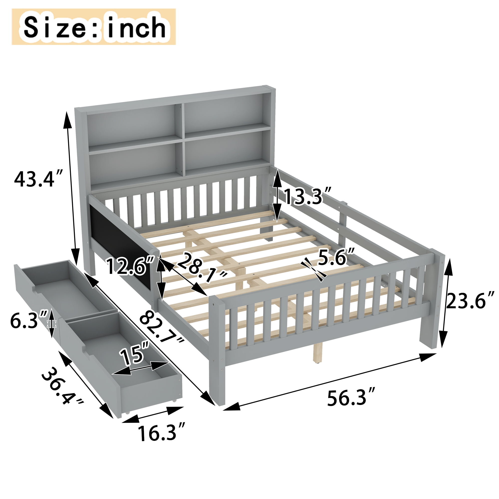 Mintazer Full Kids Platform Bed with Storage Headboard Shelves and Chalkboard, Wood Slat Support Storage Bed with 2 Drawers & Satety Fence for Boys Girls, Gray