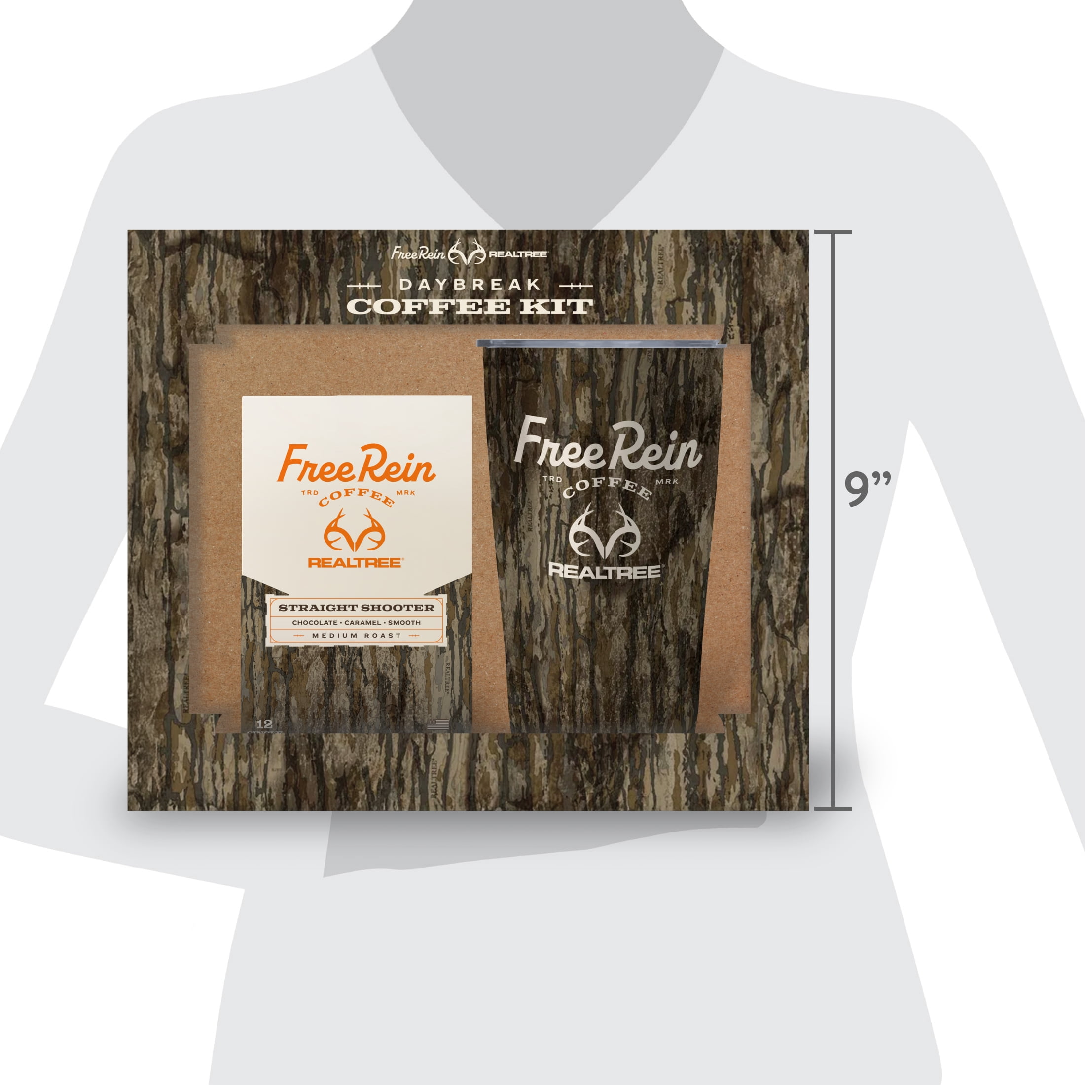 Free Rein x Realtree Daybreak Coffee Kit Featuring Straight Shooter 100% Arabica Medium Roast Coffee Pods 12ct and 20oz Insulated Tumbler