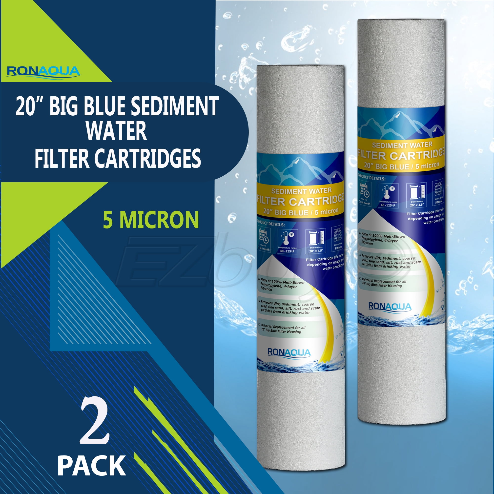 Big Blue Sediment Replacement Water Filters 1 Micron 4.5x 20 Cartridges by Ronaqua 10 Pack, 20 
