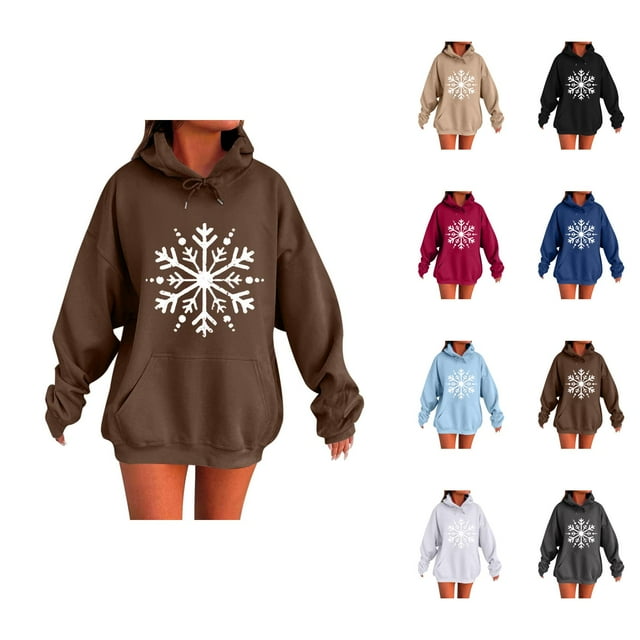 Chandails à Capuchon de Noël pour Femmes 2025 à Manches Longues, Chandail à Capuchon Graphique Flocon de Neige avec Poches, Haut à Enfiler