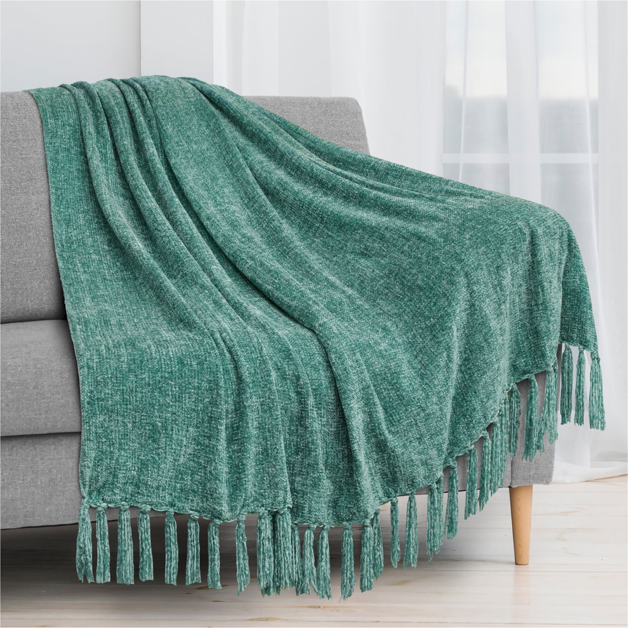 PAVILIA Chenille Blanket Soft Throw Blanket for Couch Sofa Knit Chenille Throw Blanket for Twin Size Bed Living Room Decor Woven Knitted Decorative Blanket with Tassels Fringe Teal Green 60x80in Walma...