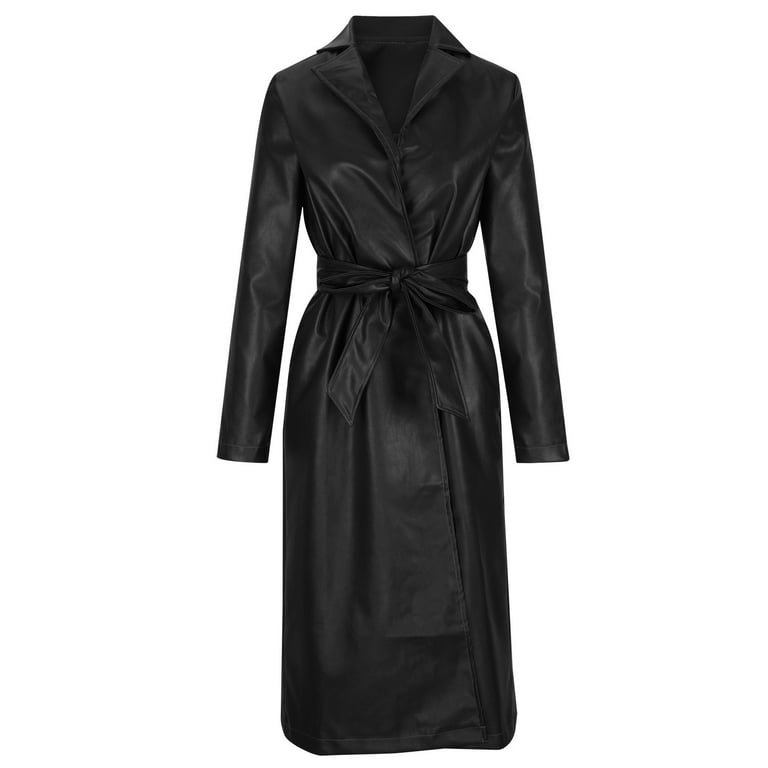 XFLWAM Women's Casual Trench Coat Open Front Belted Pu Faux