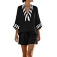 thumbnail image 2 of Women's Two-Piece Shorts Set Three-Quarter Length Sleeve V Neck Striped Vacation Daily Casual Outdoor Summer Loose Set, 2 of 8