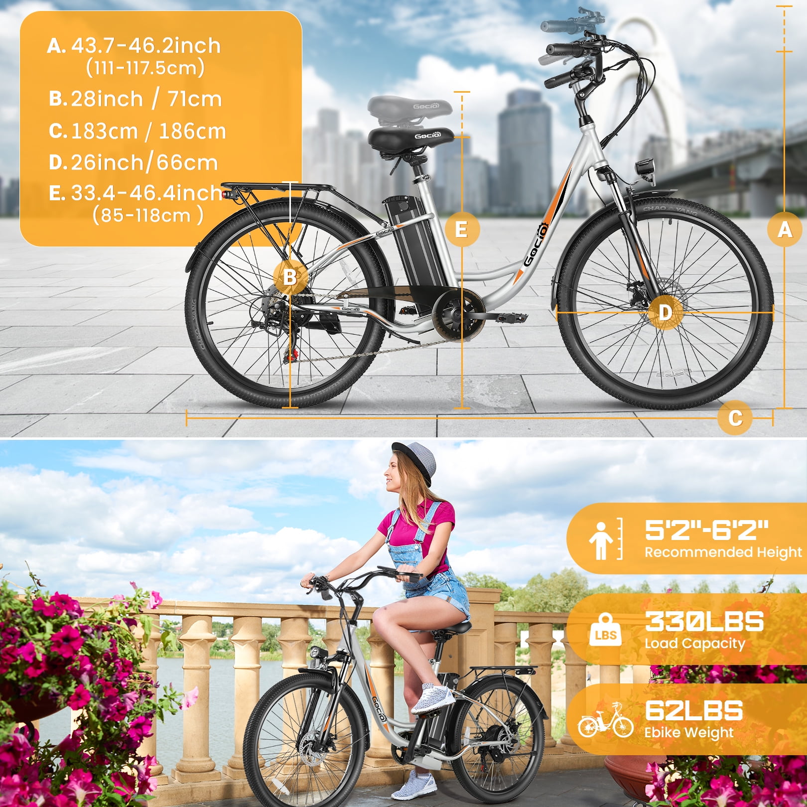 Gocio 26" Electric Bike for Adults, 500W Motor, City Commuter E-Bike, 48V 7.8Ah Removable Battery, Max 19.8Mph, 7 Speed, UL2849​