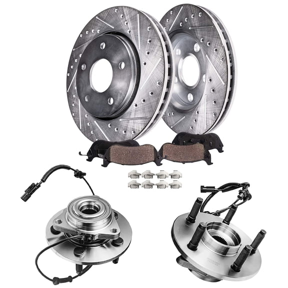 Detroit Axle - Front Wheel Bearing Hubs Brake Kit for 2006-2009 Dodge Ram 1500 Drilled Brake Rotors Ceramic Brakes Pads Wheel Bearing Hubs Assembly 2007 2008 Replacement