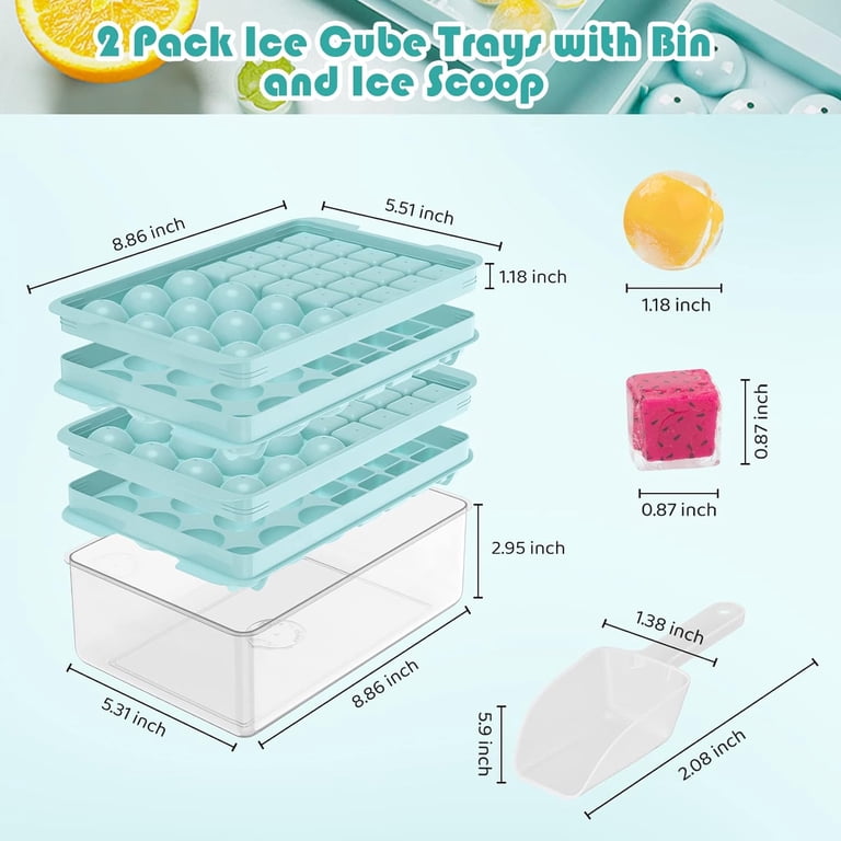 Ice Cube Tray With Lid And Bin - Round Ball & Square Silicone Molds, Stackable Freezer Box With Scoop
